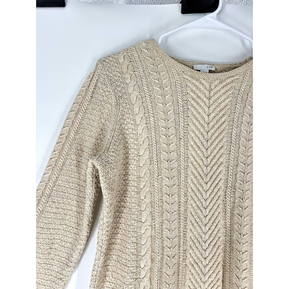 J. Jill Womens Beige Cable Knit Crewneck Cotton Wool Relaxed Raglan Sweater M